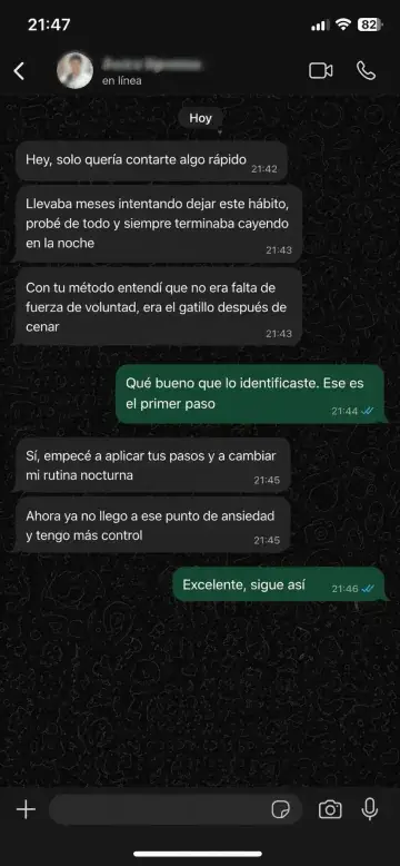 Testimonio real por WhatsApp · 22:14