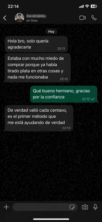 Testimonio real por WhatsApp · 21:47