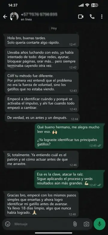 Testimonio real por WhatsApp · 14:37