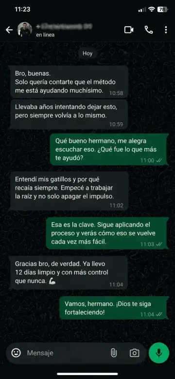 Testimonio real por WhatsApp · 11:23